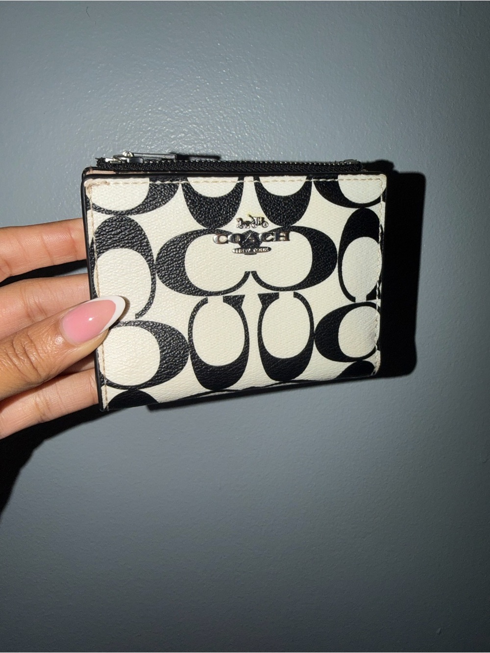 Coach Black & White Signature Card Holder with Zip Coin Pocket